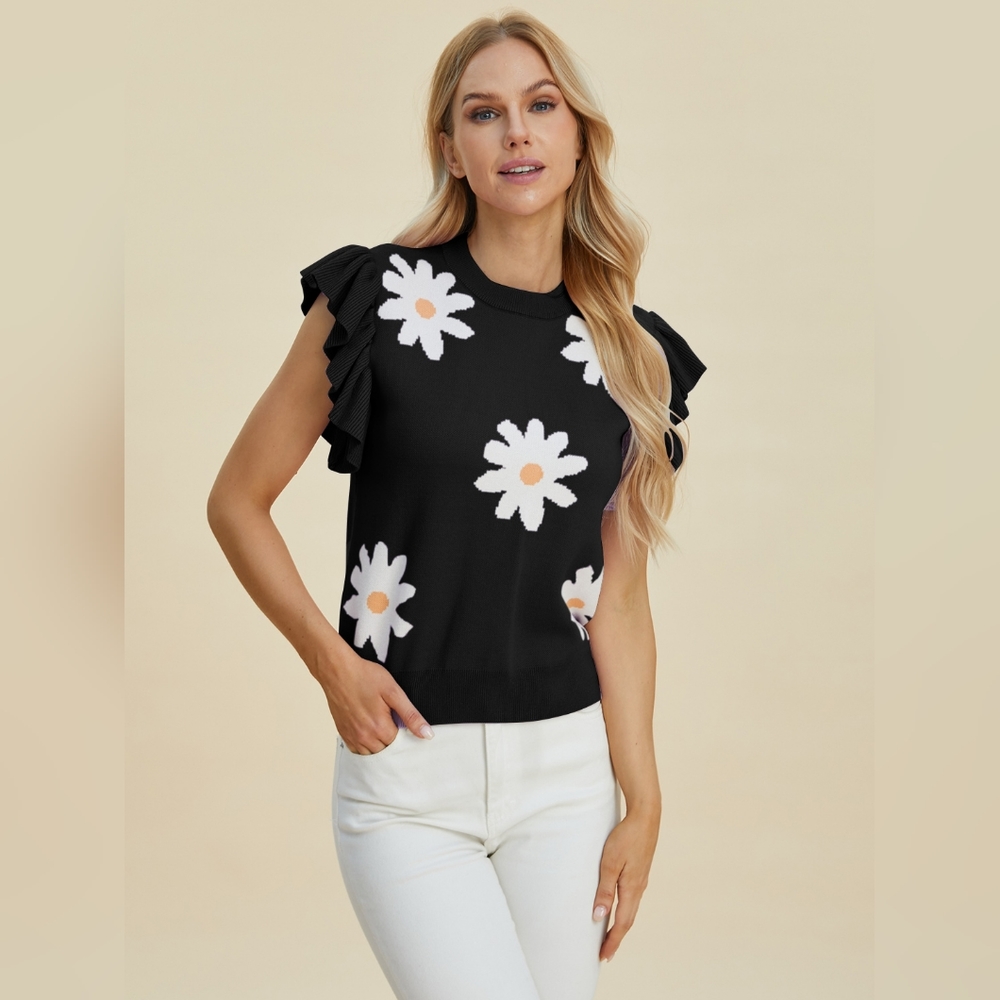 Double Take Full Size Ruffled Flower Round Neck Cap Sleeve Sweater - Picture 4 of 11